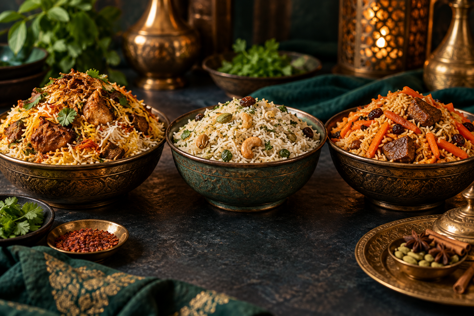 Editorial photograph illustrating biryani, pulao and plov: a recipe-reading comparison