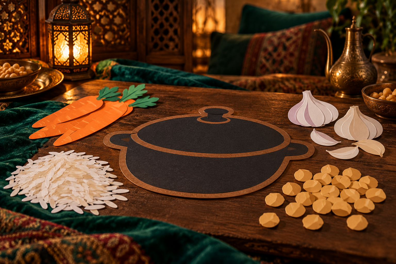 Editorial photograph of paper ingredients arranged around a pretend plov pot