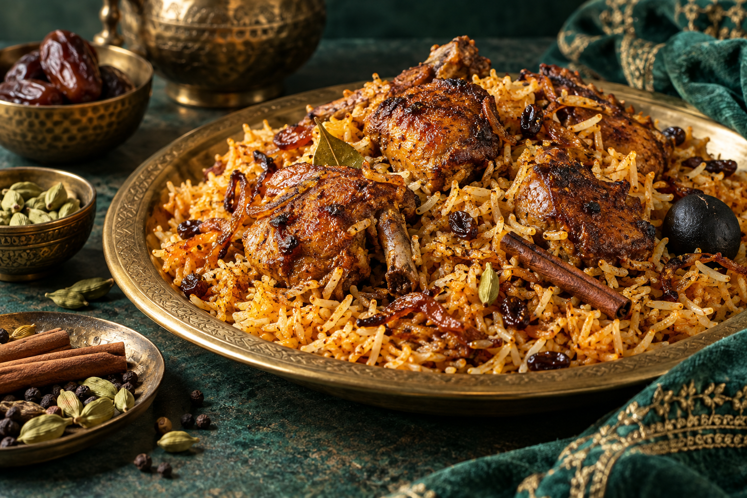 Editorial photograph illustrating gulf spiced rice: exploring machboos beside plov