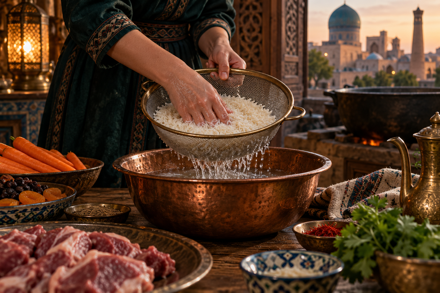 Editorial photograph of hands rinsing rice for plov