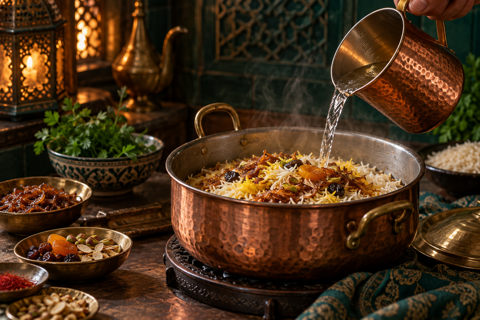 Editorial photograph illustrating plov water ratio: why the pot and the base matter