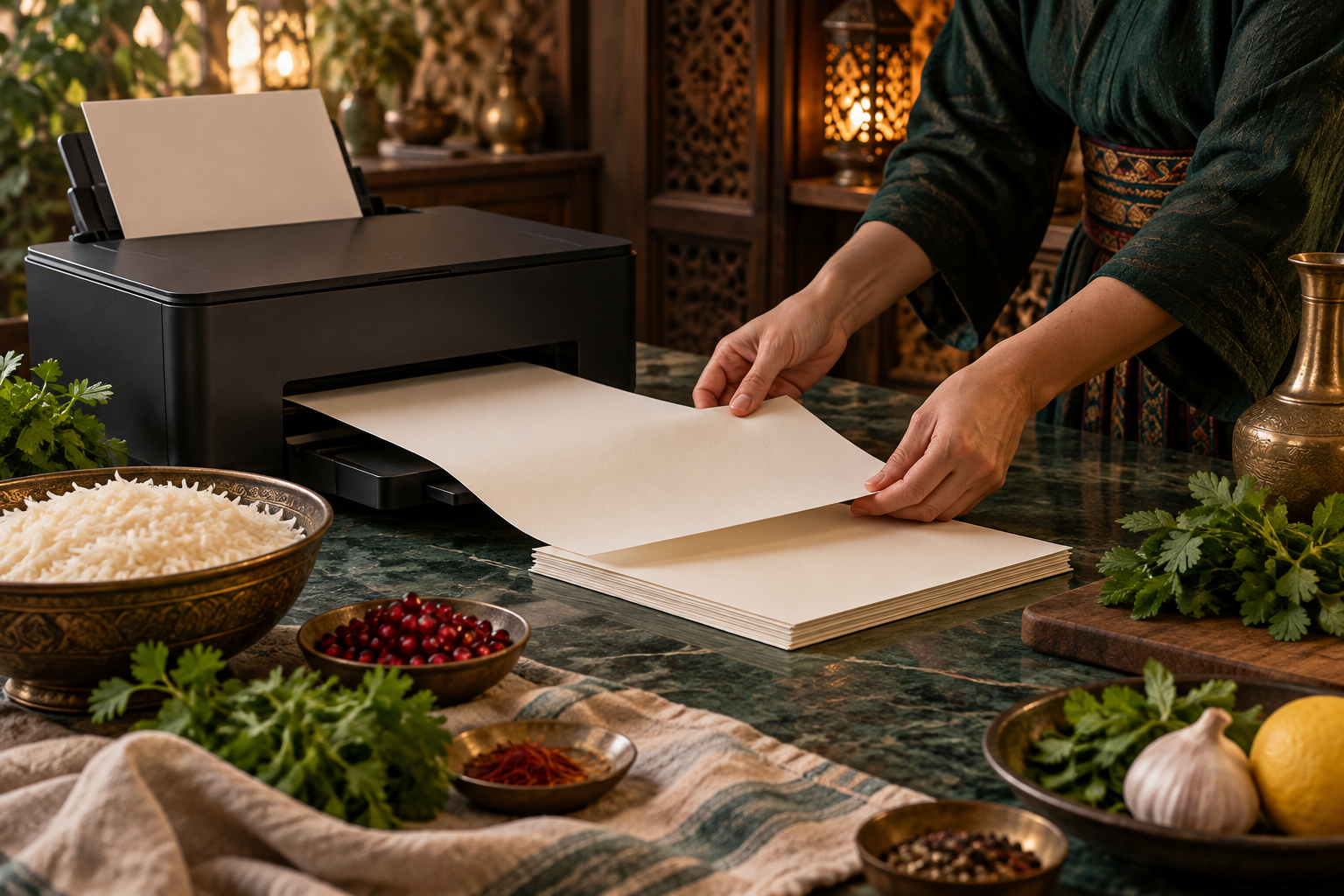 Editorial photograph of kitchen recipe sheets being printed at home