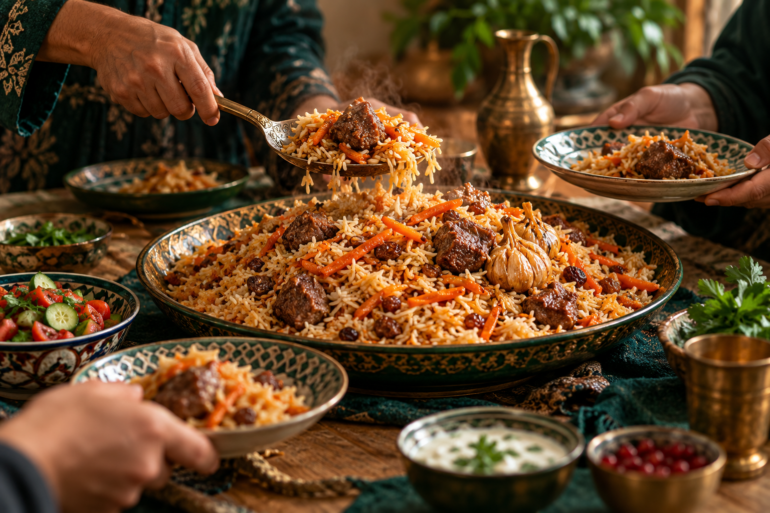 Editorial photograph illustrating tajik oshi palav: food, identity and the shared meal