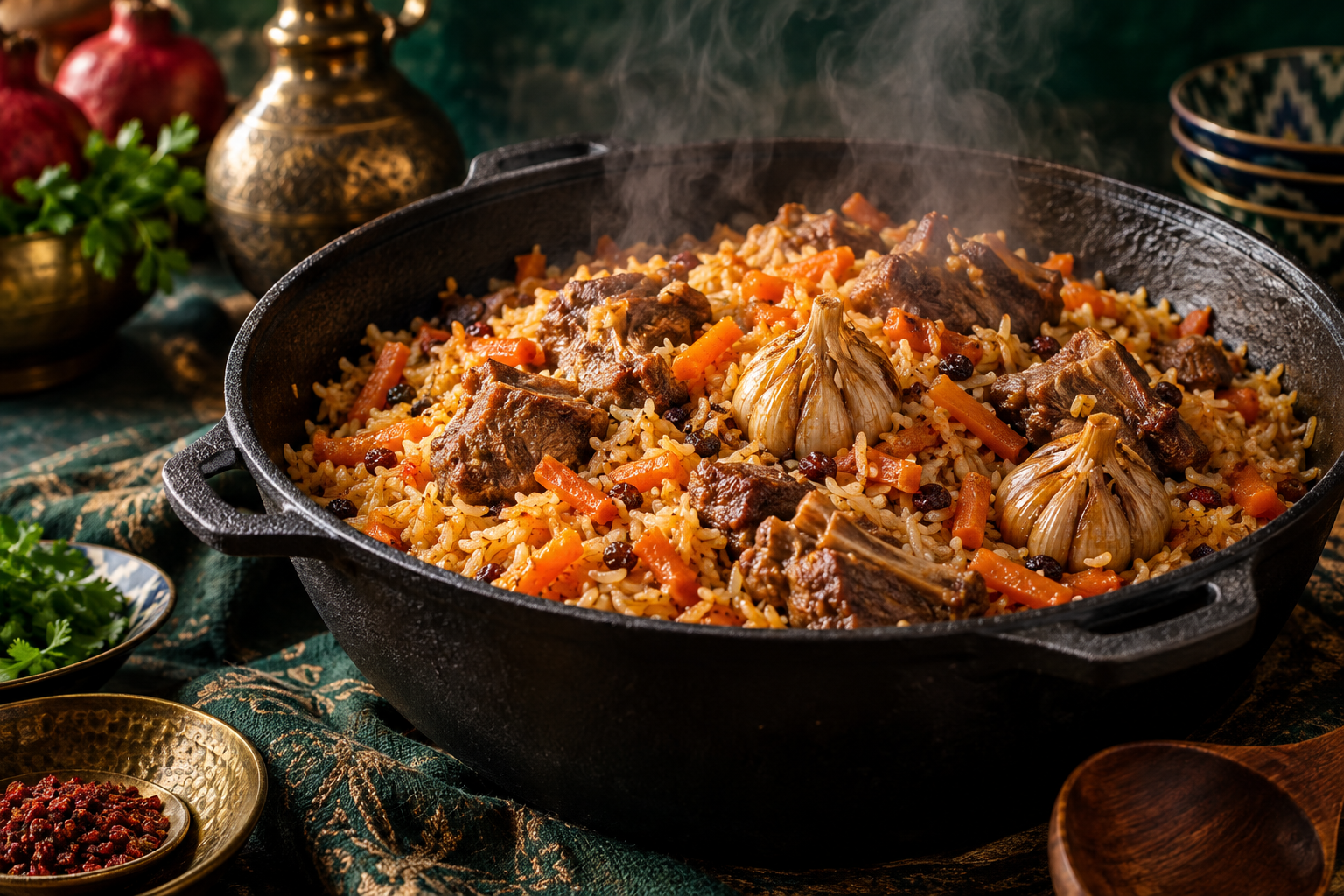 Editorial photograph illustrating uzbek plov: ingredients, cooking stages and hospitality