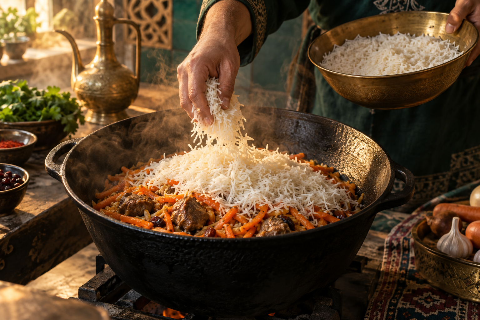 Editorial photograph illustrating the plov base: organising meat, onions and carrots