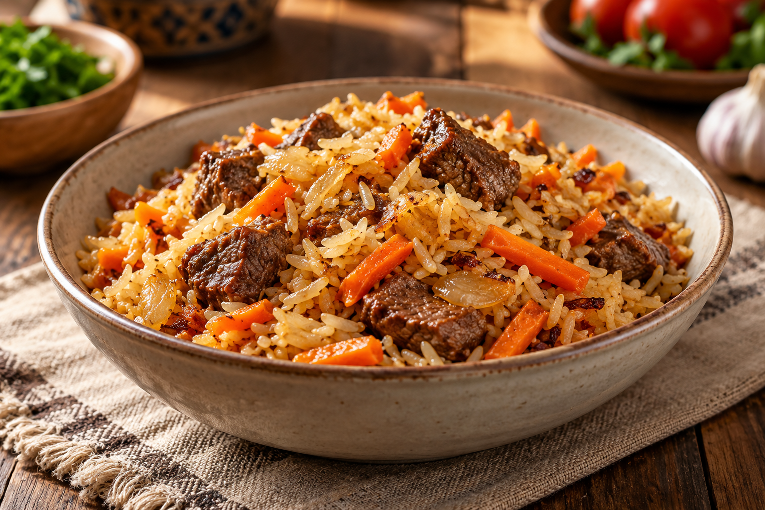 Bowl of beef plov with rice, carrots and onions