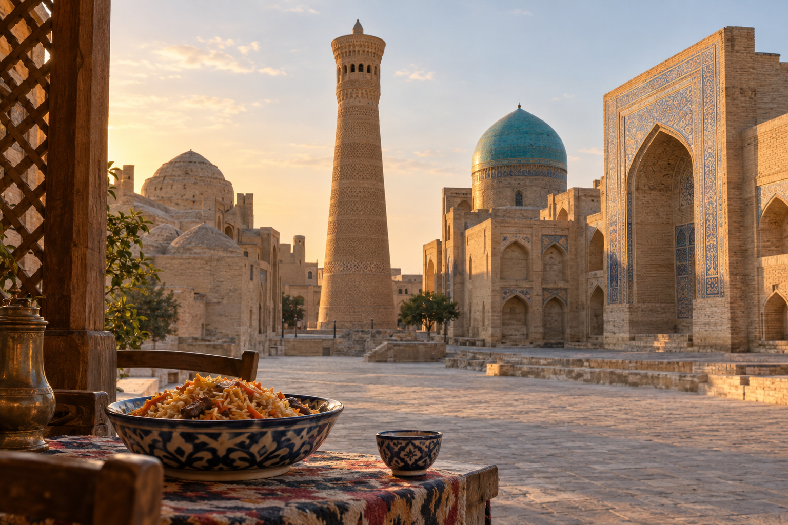 Sunlit brick architecture in Bukhara with a rice bowl in the foreground