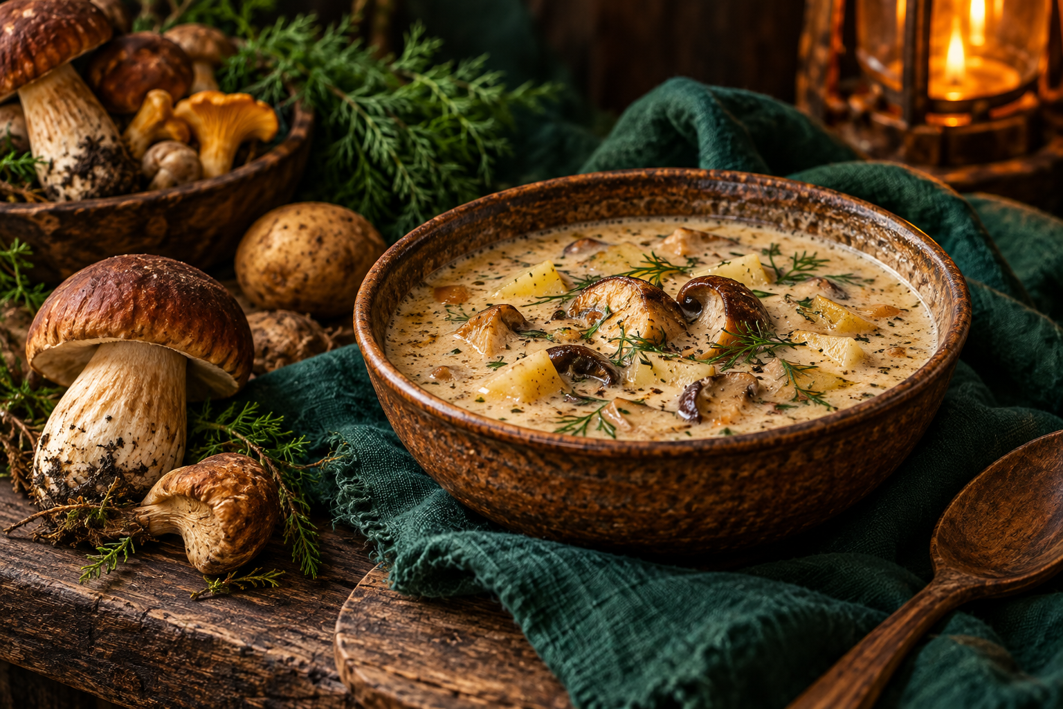 A bowl of Carpathian mushroom soup with porcini and herbs