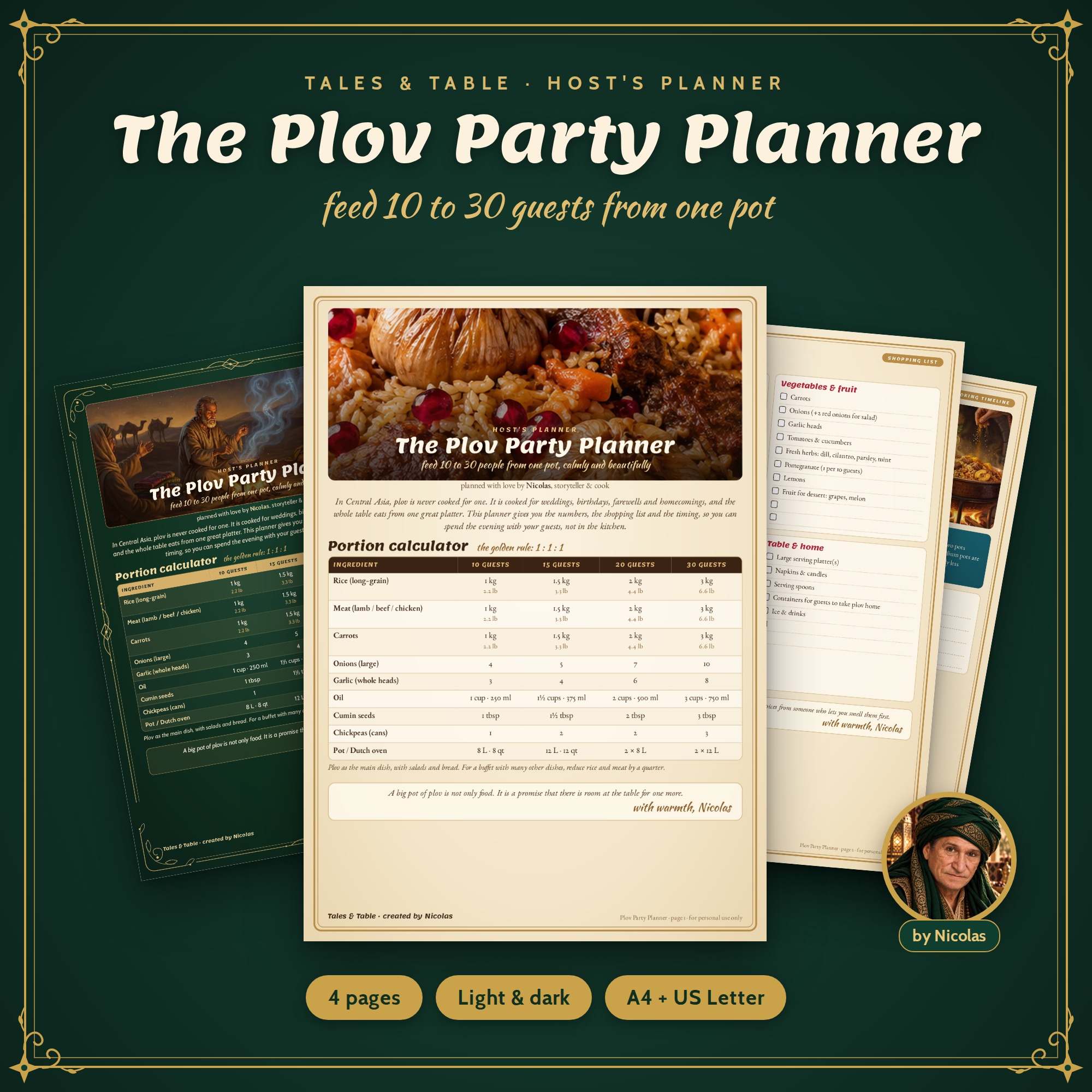 The Plov Party Planner printable, 4 pages with portion calculator for 10 to 30 guests, shopping list and cooking timeline, light and dark versions.