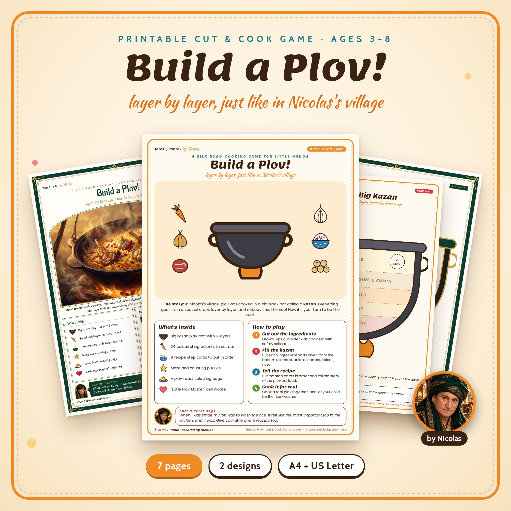 Build a Plov! printable cut and cook game for kids, with kazan play mat, ingredient cut-outs and step cards, in two designs.