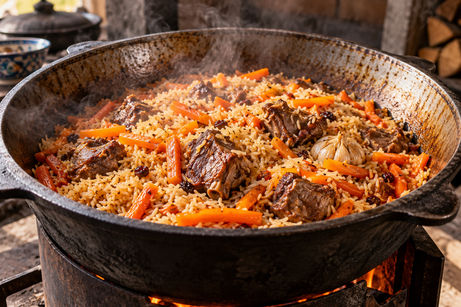 Plov cooking in a metal kazan with rice, carrots and meat
