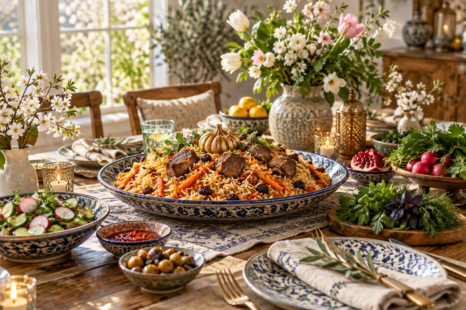 Spring celebration table with plov, herbs and flowers