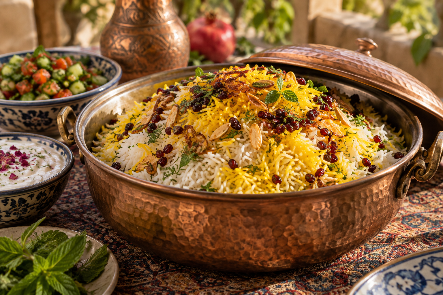 Persian polow with saffron coloured rice and herbs in a copper dish
