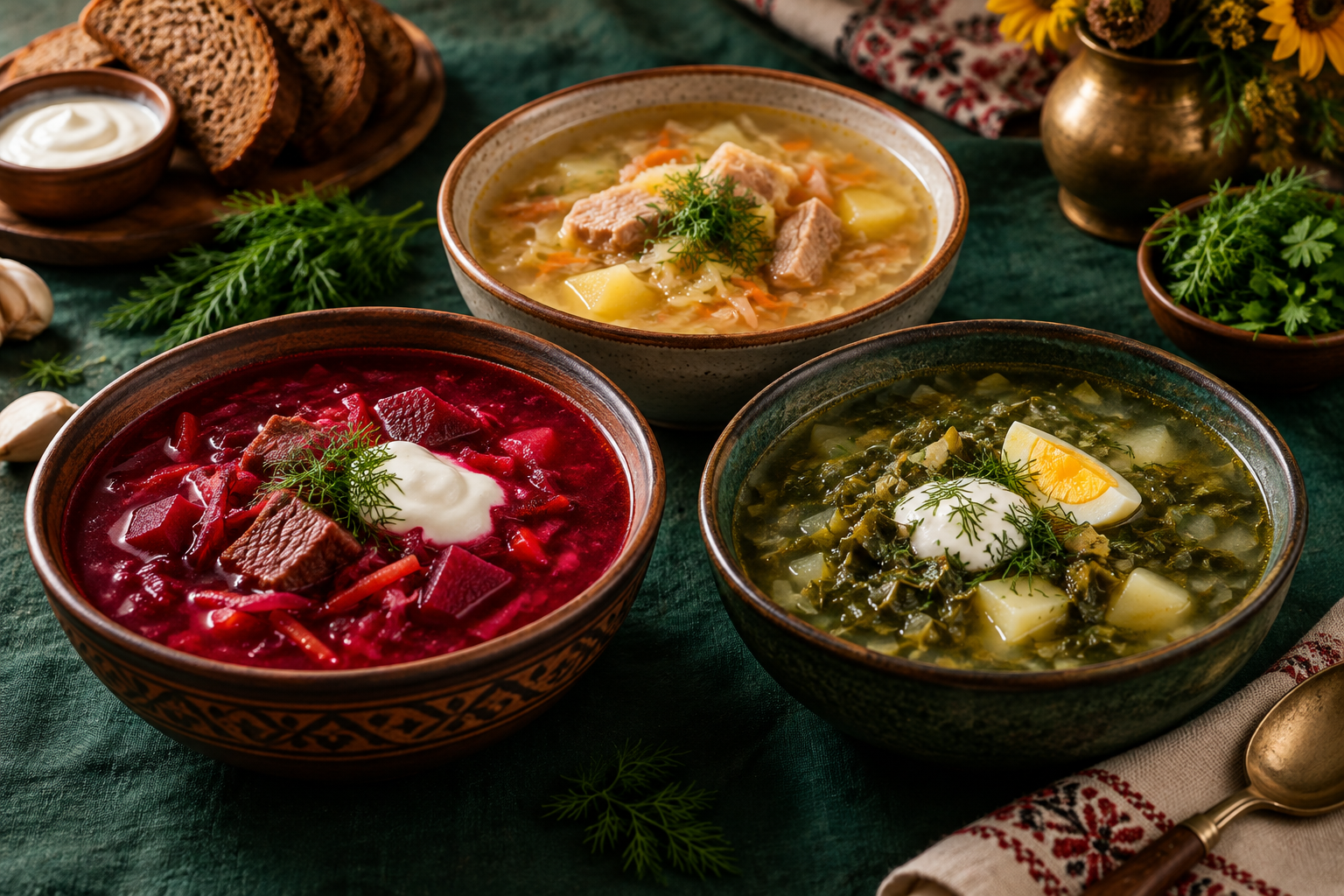 Three regional Ukrainian soups: beet borshch, green borshch and a light broth