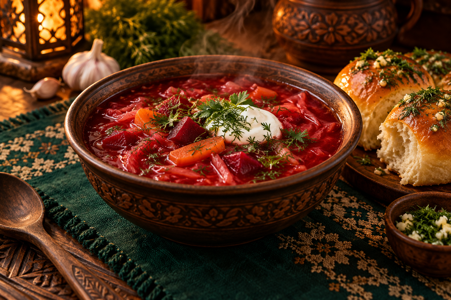 A bowl of Ukrainian beet borshch with garlic pampushka and fresh dill
