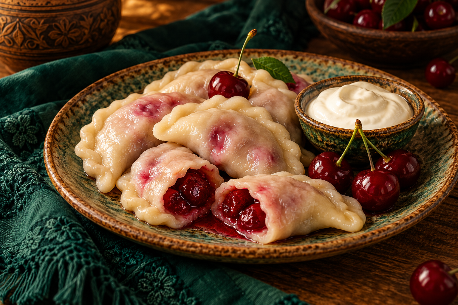 Ukrainian cherry varenyky topped with sour cream and fresh cherries