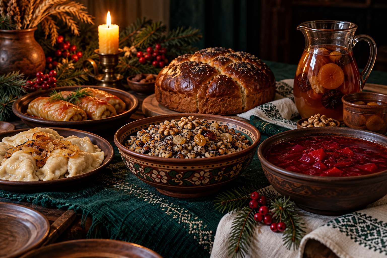 A Ukrainian Christmas Eve table with kutia, borshch, varenyky, holubtsi and uzvar