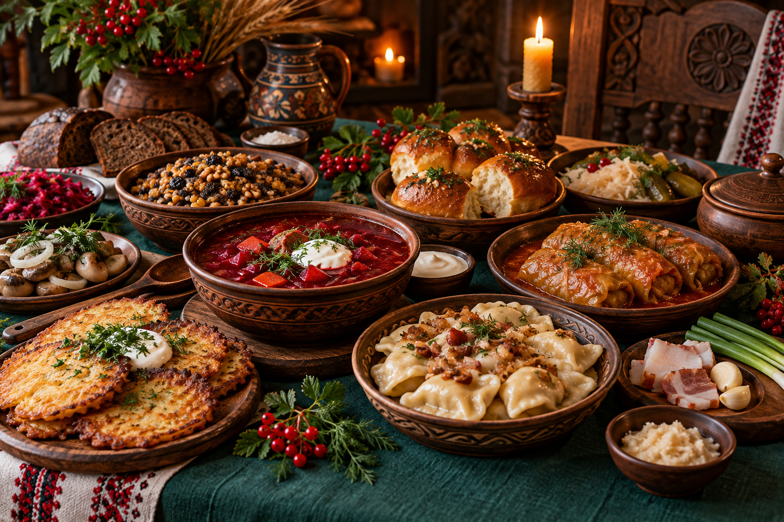 A table of Ukrainian dishes including borshch, varenyky, holubtsi, deruny and pampushky