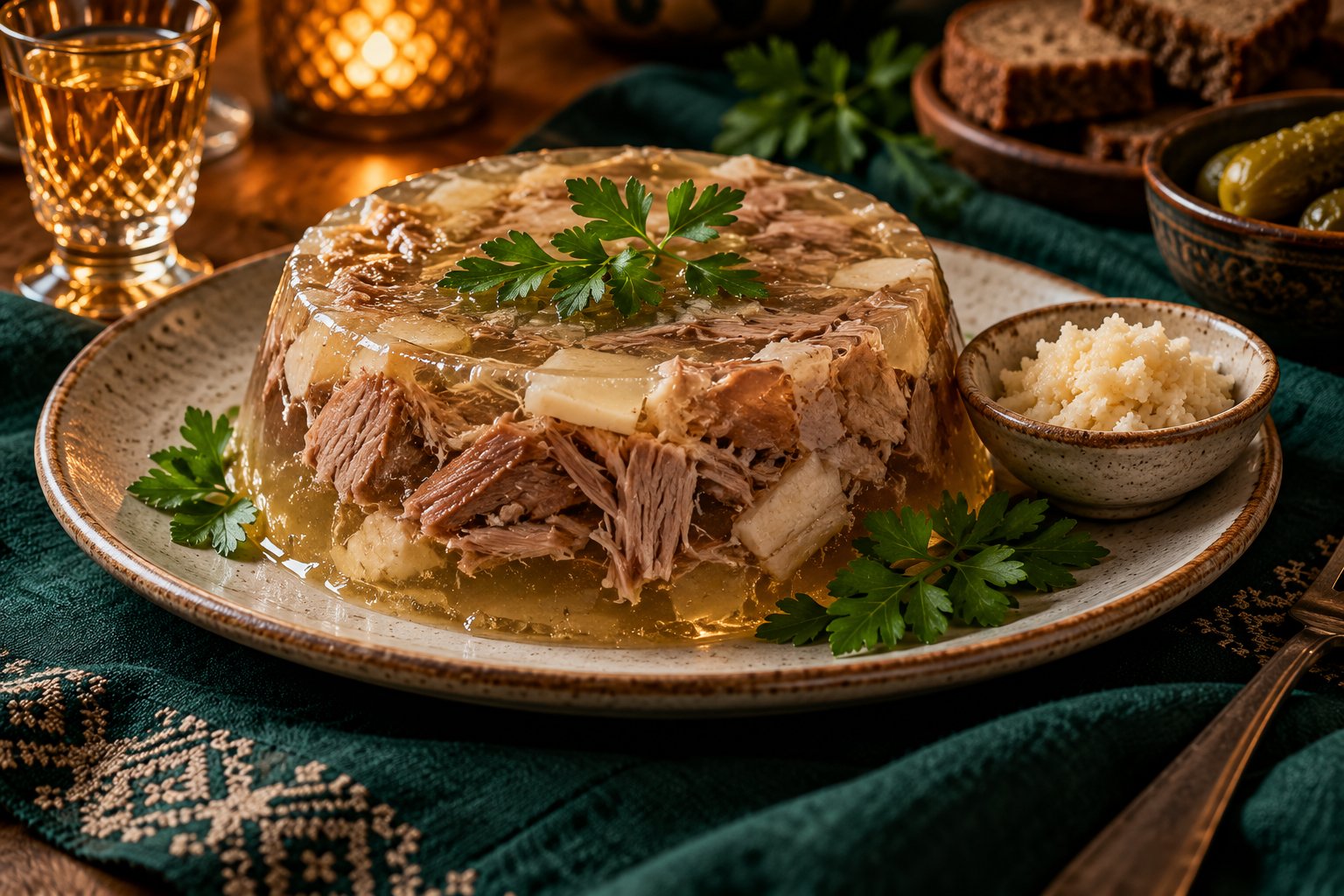 Ukrainian holodets jellied meat with horseradish and parsley