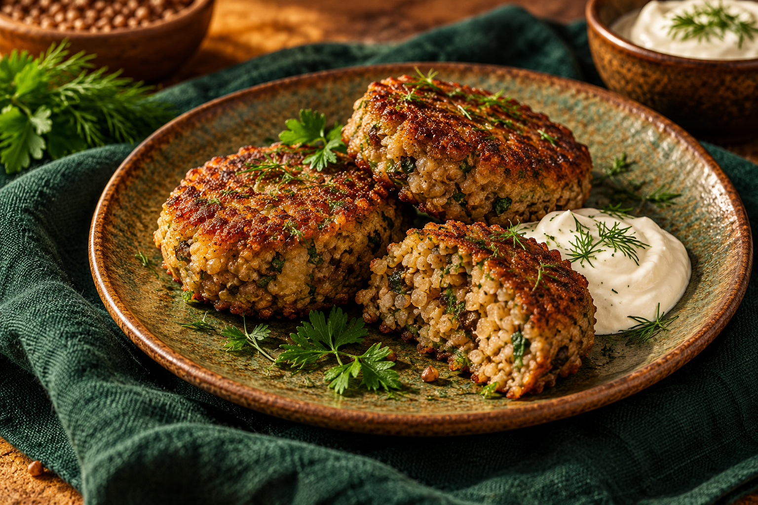 Golden buckwheat hrechaniky patties with sour cream and dill
