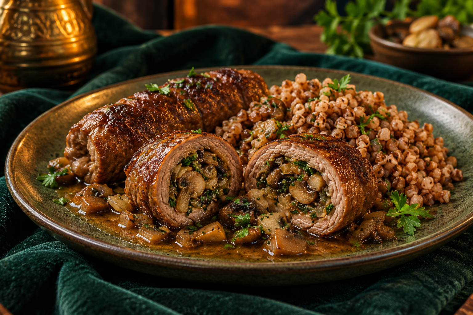 Sliced meat kruchenyky rolls with a mushroom and herb filling