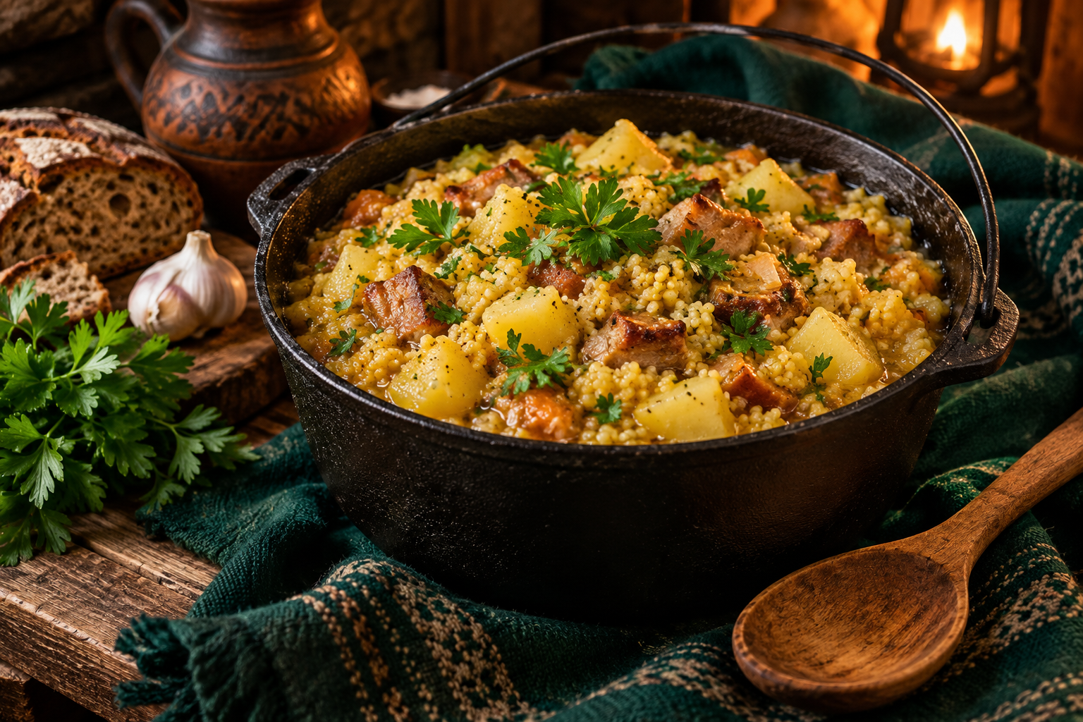 A cast iron pot of millet and potato kulish with herbs