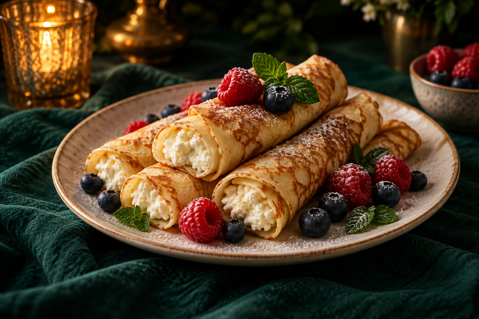 Thin nalysnyky crepes rolled around a cottage cheese filling