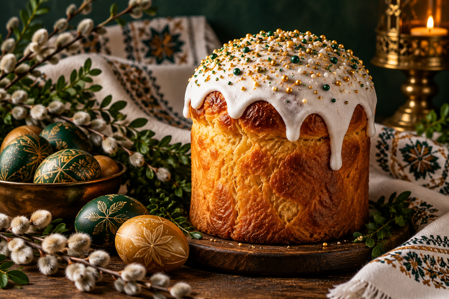 A golden Ukrainian paska Easter bread with white icing