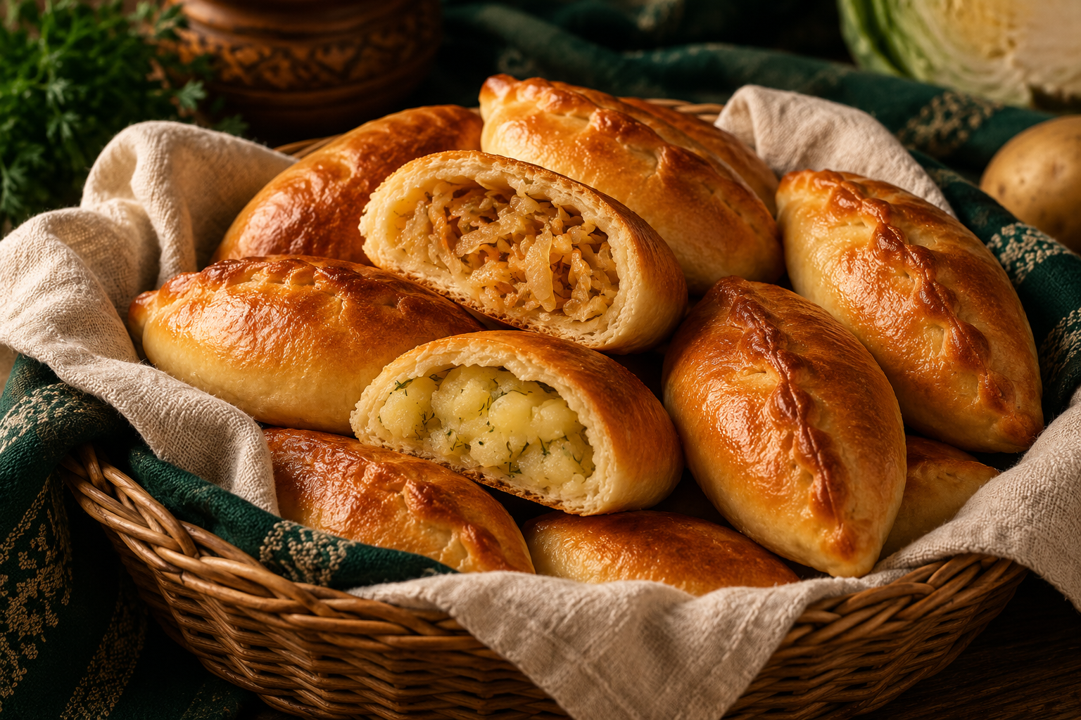 Golden baked pyrizhky hand pies with cabbage and potato fillings