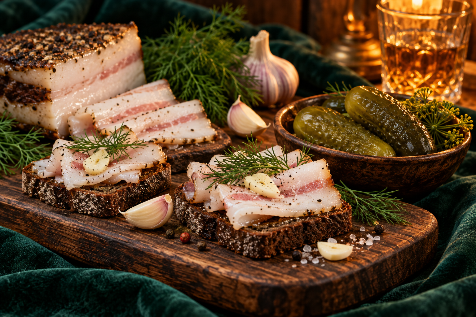 Slices of salo and dark rye bread with garlic and pickles