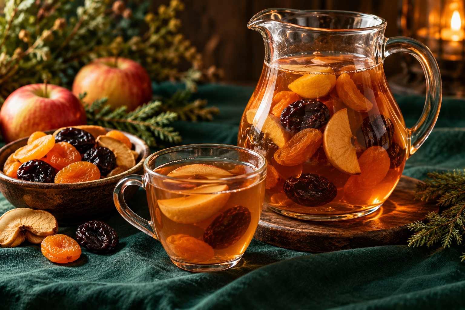 A glass of uzvar dried fruit compote with apples and prunes