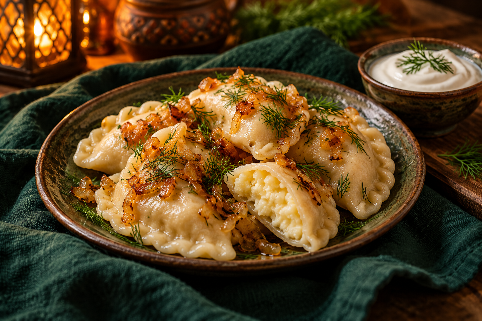 Ukrainian potato varenyky topped with fried onions and served with sour cream
